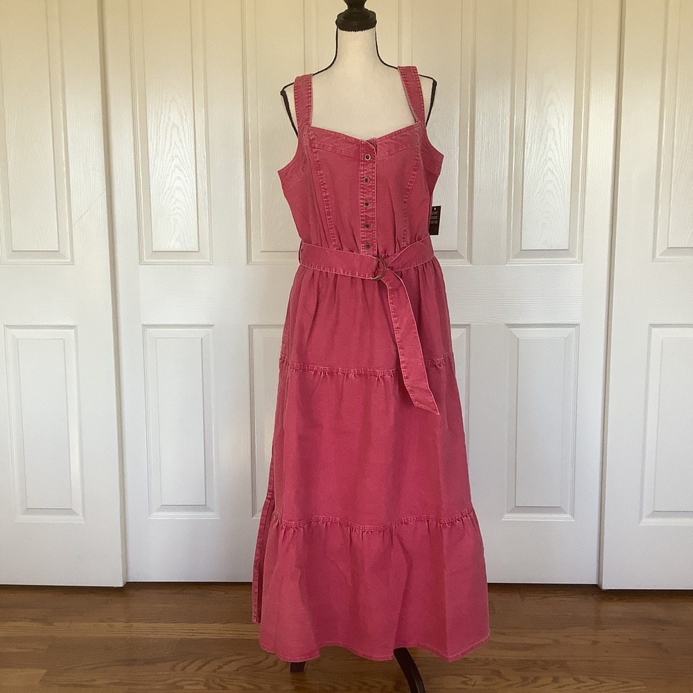 Ashley Stewart Pink Denim Tiered Maxi Dress Belted‎ With Pockets Size 14/16 NWT